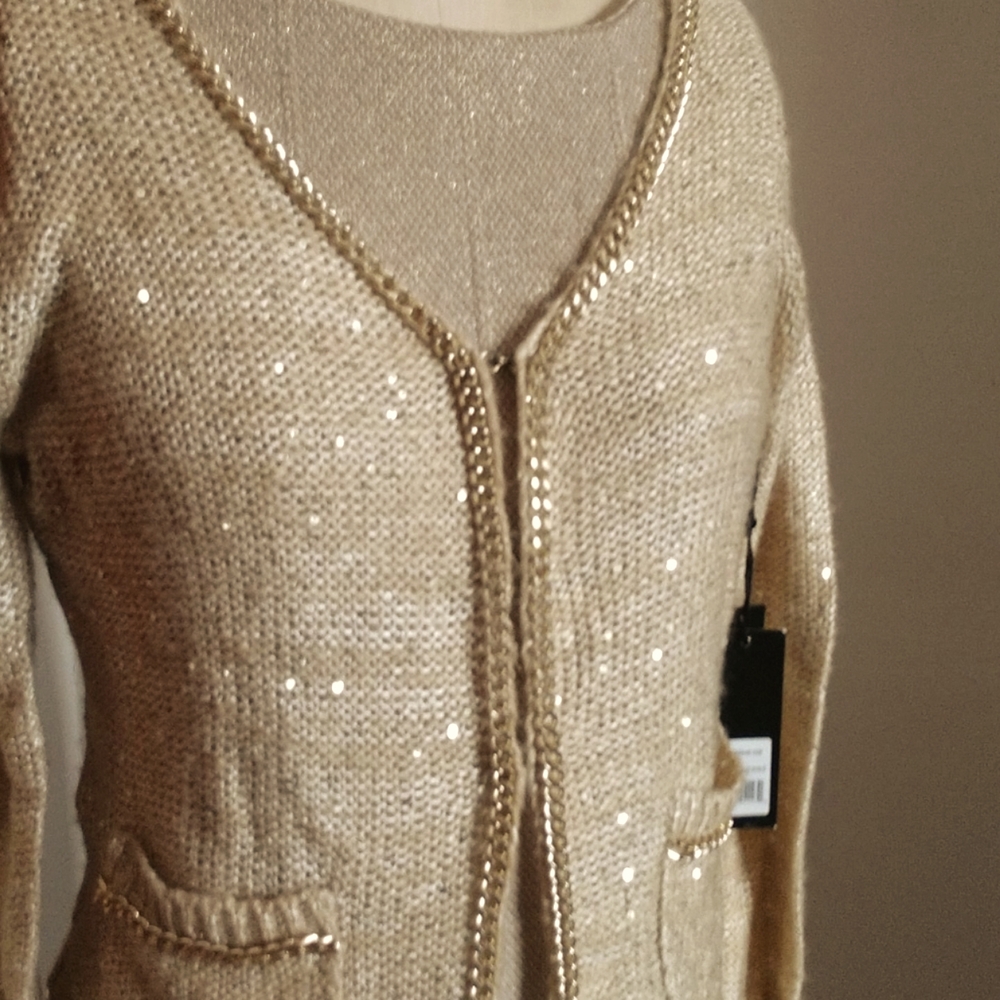 Sequined & Chain Trimmed Cardigan Sweater Jacket
